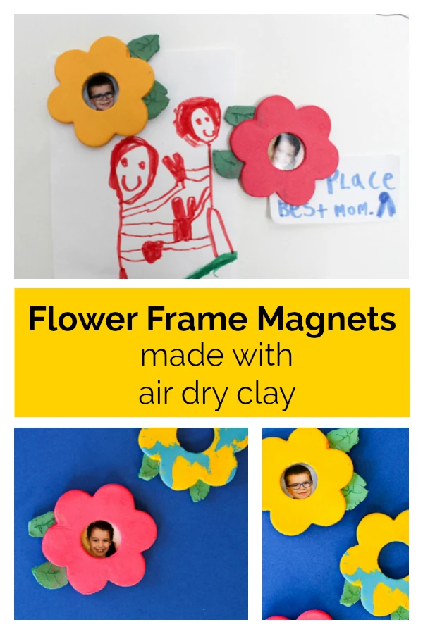 Click here for a tutorial on how to make air dry clay flower frame magnets! They are a cute DIY gift idea for Mother's Day or a birthday! Kids of all ages will have fun making these air dry clay magnets. #airdryclay #mothersday #mothersdaygift